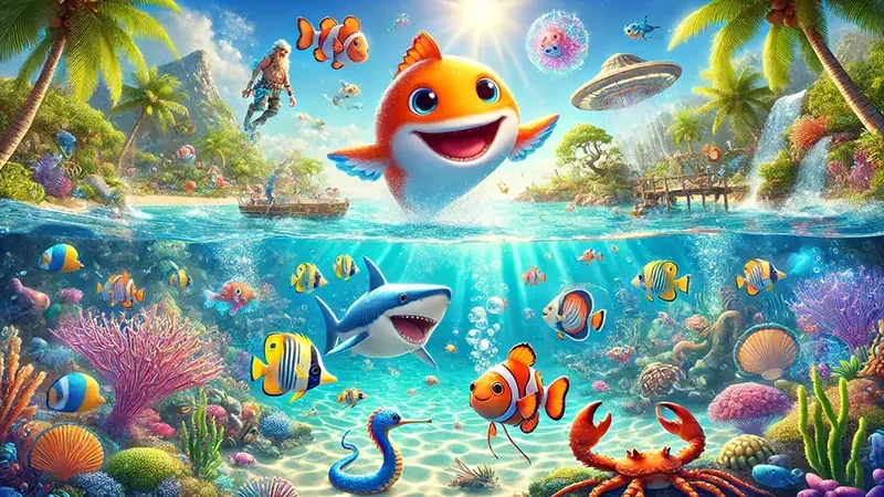 Ilustrasi aksi permainan tembak ikan sebagai pilihan kategori di ROGTOTO